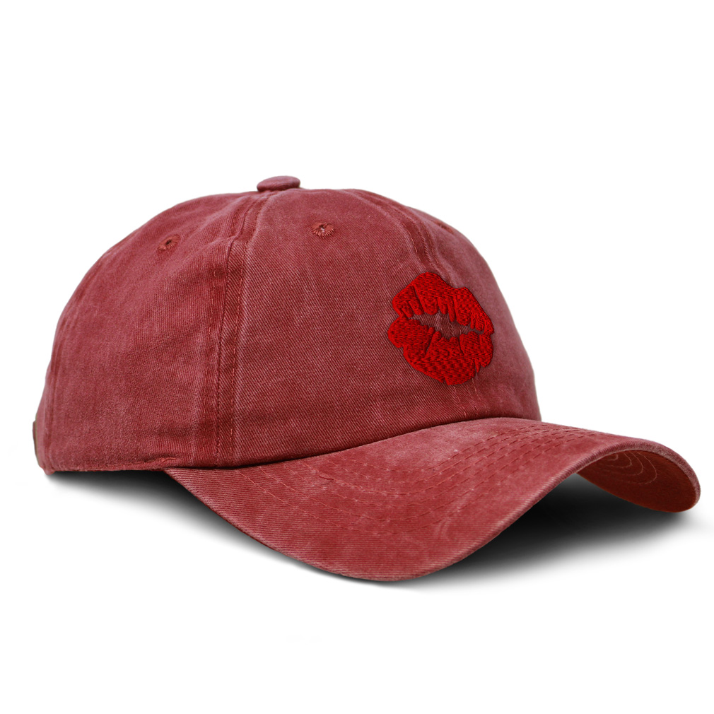 Soft Washed Baseball Cap Red Lips Kiss Embroidery Love Dad Hats for Men & Women